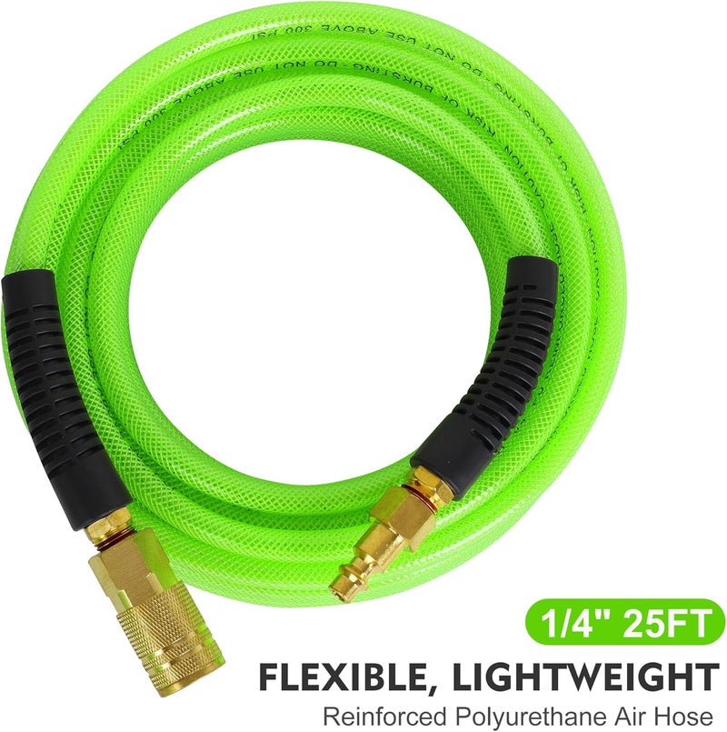 FYPower Air Compressor Hose 1/4 Inch x 25 Feet Reinforced Polyurethane (PU) Air Hose with Fittings, Bend Restrictors, 1/4" Industrial Quick Coupler and Plug Kit, Green - Image 2
